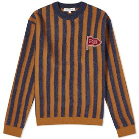 メゾンキツネ ロゴ ストライプ ニット 青色 ブルー & メンズ 【 MAISON KITSUNE MAISON KITSUNE FLAG LOGO INTARSIA STRIPE KNIT / INK BLUE & MUSTARD 】 メンズファッション トップス セーター