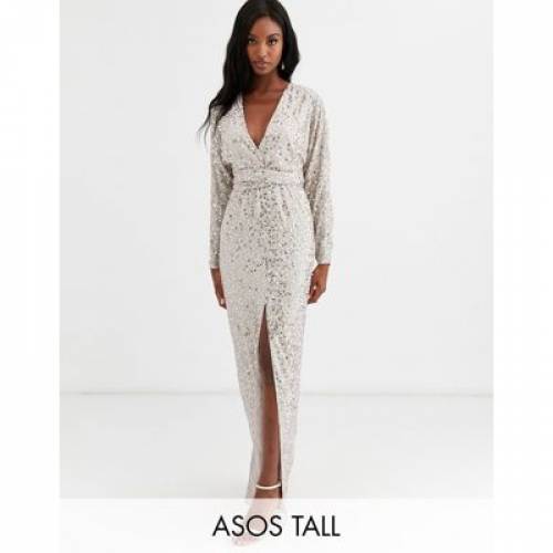 ASOS エイソス TALL 】 GOLD PALE SEQUIN SCATTER IN WAIST AND BATWING WITH DESIGN TALL ASOS WRAP SLEEVE 【 レディース マキシドレス ゴールド ラップ スリーブ ドレス ドレス