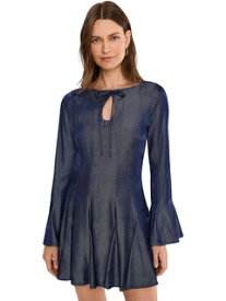 アヴェックレフィー Avec Les Filles 【 Long Sleeve Tie Neck Mini Dress 】 長袖 ネクタイ ドレス Indigo 1 藍色・インディゴ