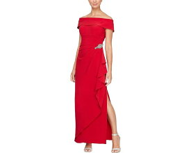 アレックスイブニングス ジャージー 赤 レッド レディース 【 ALEX EVENINGS LONG MATTE JERSEY OFF THE SHOULDER GOWN WITH HIP EMBELLISHMENT / RED 】 レディースファッション ドレス