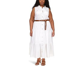 マイケルマイケルコース ドレス 白色 ホワイト レディース 【 MICHAEL MICHAEL KORS PLUS SIZE LINEN SLUB TIERED DRESS / WHITE 】 レディースファッション