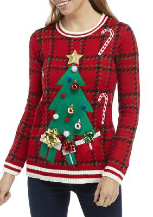 楽天市場 レディース クリスマス トレーナー 赤 レッド Women S Red Joyland Houndstooth Plaid Christmas Tree Sweater スニケス