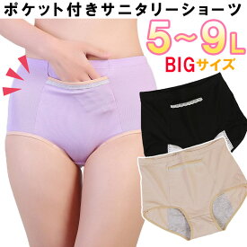 サニタリー ショーツ ポケット 大きい サイズ パンツ 生理 多い日 防水布 ガード 漏れ モレ レース ゴム ビッグ BIG 月経 ゆったり コットン 綿 ビッグ BIG 4L 5L 6L 7L 8L 9L XXL 伸びる 便利 後ろ漏れ お尻 ヒップ 安心 ナプキン ぱんつ