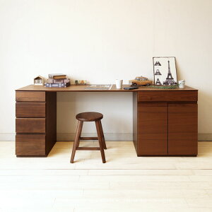 書斎机 パソコンデスク キャビネットと引き出し小を組み合わせたユニットデスク 収納デスク 幅180cm 開梱設置配送 ウォールナット材 ウォールナット無垢材 木製机(※チェア別売)