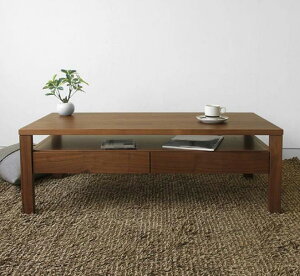 【W110×D50/ウォールナット材】ローテーブル ウォールナット材 木製 引き出し付きセンターテーブル 収納棚付きリビングテーブル