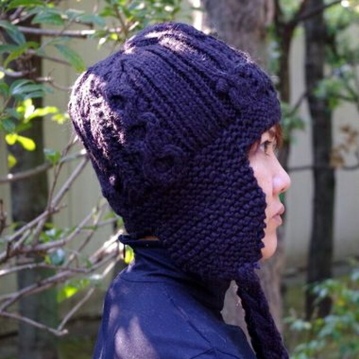 紫ニット帽　手編み　ハンドメイド