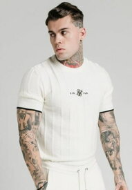 SikSilk シックシルク メンズ Tシャツ オフホワイト白 半袖Tシャツ ニット トップス ジムTシャツ カットソージムウエア トレーニングウエア スポーツウエア メンズファッション無地Tシャツ カジュアル ロゴ おしゃれ かっこいいフィットニットTシャツ