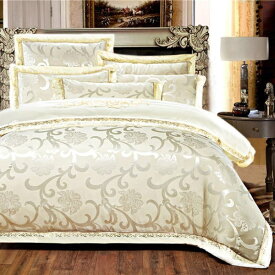 シルク調 ベッドカバー4点（シングル/3点）セット ユーロデザインジャガード豪華ゴールドカラー寝具セット