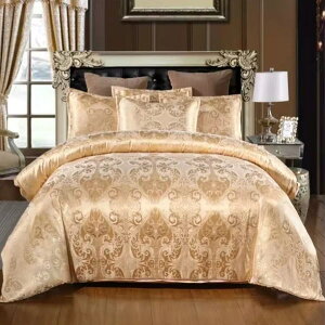 シルク調 コットンベッドカバー3点セット ユーロデザインジャガードゴールドカラー寝具セット 布団カバーx1 枕カバーx2 フラットシーツなし