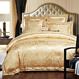 シルク調 ベッドカバー4点 セット ユーロデザイン【輸入取寄せ品】ジャガード織物 ゴールドカラー寝具セット
