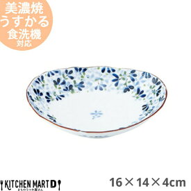 うすかる 芽ばえ 16×14cm 50 楕円深皿 美濃焼 和食器 日本製 陶器 おうちカフェ 国産 軽量 軽い おしゃれ カフェ 食器 花柄 フラワー柄 白磁 青 ブルー レンジ対応 食洗機対応 ラッピング不可