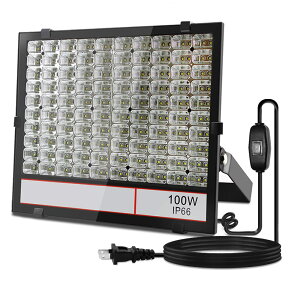 超薄型?超高輝度 LED投光器 100W 昼光色 10000LM 広い範囲照射可能 放熱性高い 耐久型 防塵防水レベルIP66同等以上 フラッドライト ガレージ?公園?工場適用 余裕の3mコード プラグ付き 利便性高い