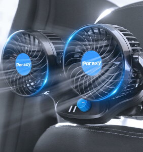 車用扇風機 車載電動ファン 後部座席用 多用途グリップ付き リアフロント 携帯など電子デバイス充電用2つUSBポート付き 12V 二段階風量調節/角度調整可能 ツーファン付き 汎用タイプ 軽型自