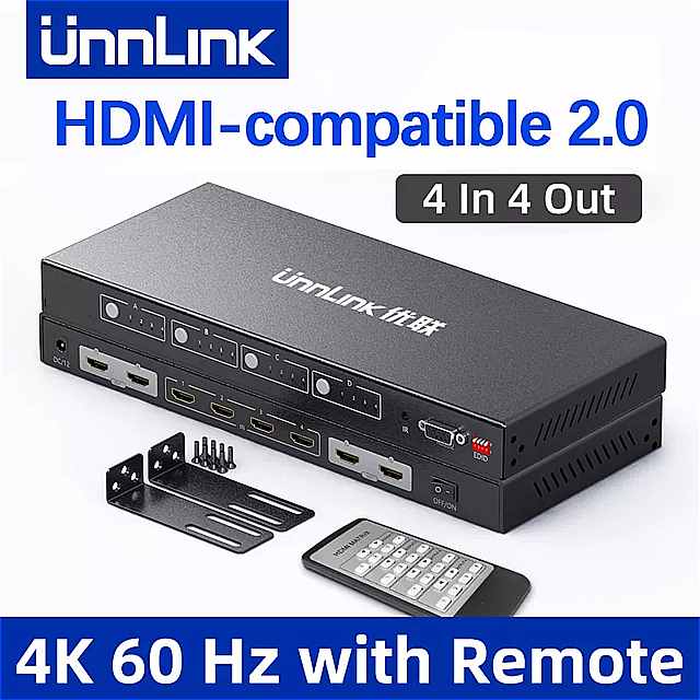 Unnlink スプリッタ hdmi互換2.0マトリックス4 × 4 uhd 4 18k 60 60hz hdcp 2.2 スイッチ 4入力4出力RS232 irリモート テレビ PS4 pc