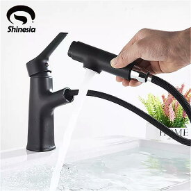 Shinesia マット ブラック 浴室 の 洗面台 の 蛇口 スプレー温水と冷水 ミキサータップ デッキマウント クレーン