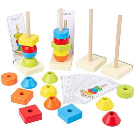 赤ちゃん おもちゃ モンテッソーリ 色スタック ブロック 幾何学的 形状 ビルディング ブロック カード おもちゃ 木製 早期 学習 幼稚園