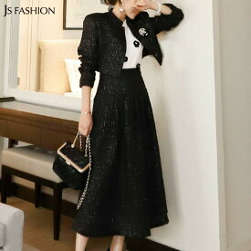 ツイードセットアップ レディース ジャケット＋ロングスカート 2点セット ラメ入り ショート丈ジャケット フレアスカート 黒 セレモニースーツ 入学式 卒業式 結婚式 二次会 謝恩会 同窓会 お呼ばれ ママスーツ 上品 きれいめ 大きいサイズ S M L XL