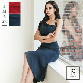 キャミワンピ タイトワンピース ホルターネック ノースリーブ アンバランスヘム リボンモチーフ 無地 きれいめ 華やかおしゃれ セクシー 大きいサイズ 謝恩会 二次会 レッド 赤 食事会 パーティードレス夏【220315】