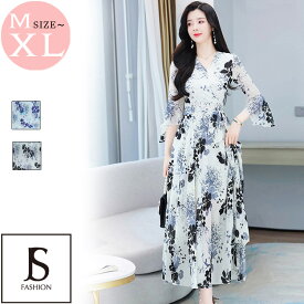 花柄ワンピース 全2色 Aライン ロングドレス リボン付き シースルーシフォン 七分袖 マキシワンピ きれいめ 大人 体型カバー 大きいサイズ XL 2XL 3XL 上品 お呼ばれ パーティードレス 結婚式 春夏 リゾート
