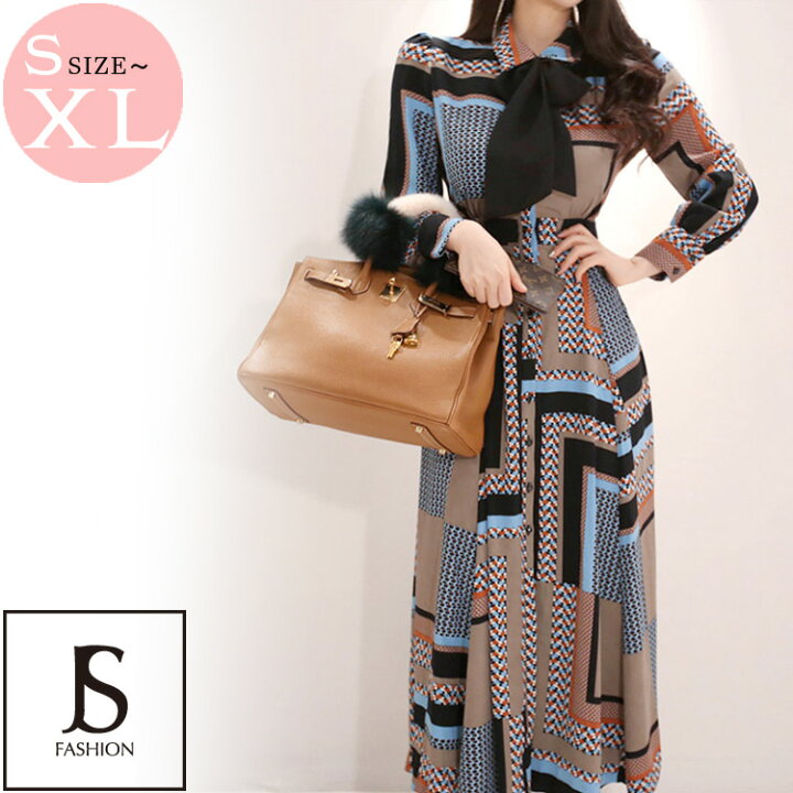 楽天市場 ロングワンピース 柄プリント リボン付き 前ボタン シャツワンピース風 総柄 フロントボタン Aラインワンピース ロング丈 春 夏 秋 長袖 袖あり きれいめ ウエストリボン 華やかおしゃれ 上品 きれいめワンピース 大きいサイズ ｊｓファッション