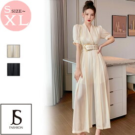 パンツドレス ベルト付き 全2色 かっこいい ストライプ オールインワン 黒ドレス 半袖 シースルー ロングパンツ マキシ丈 フレアパンツ ワイドパンツ きれいめ かっこいい 大きいサイズ 結婚式 オケージョン 卒業式 演奏会 お呼ばれドレス レディース【220721】