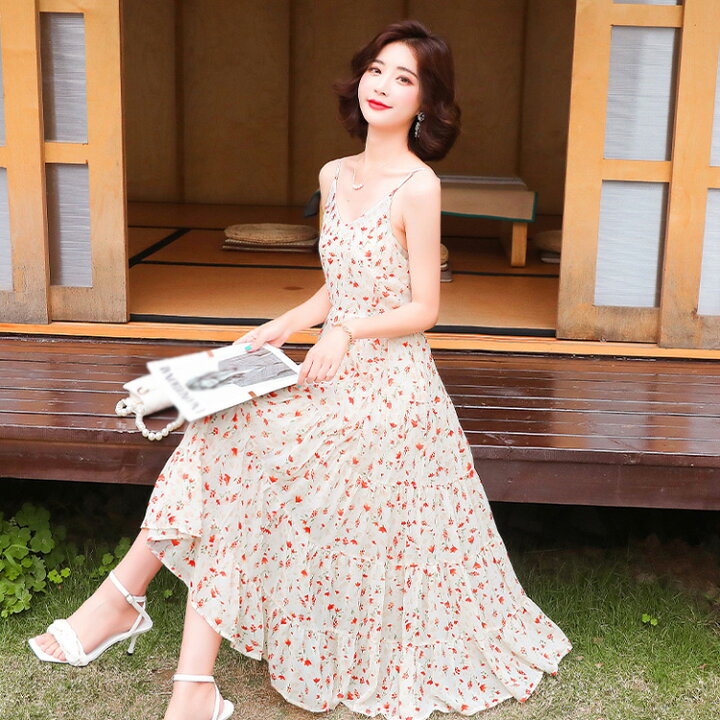 楽天市場】小花柄キャミワンピース Aライン ティアードロング  