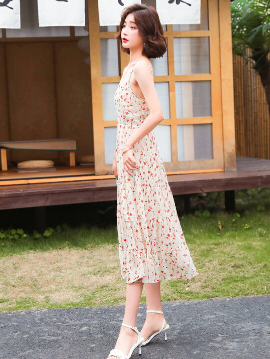 楽天市場】小花柄キャミワンピース Aライン ティアードロング  
