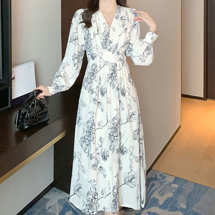 楽天市場】花柄 ワンピース Vネック Aライン ロングドレス ワンピ 長袖  