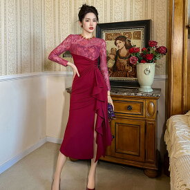 タイトワンピ レース ビジュー付き シースルー フリル パーティードレス タイト ワンピース 長袖 ロング丈 スリット きれいめ ゴージャス 大きいサイズ お呼ばれドレス 春 夏 秋 冬 レディース ディナーショー 【jy8301400】