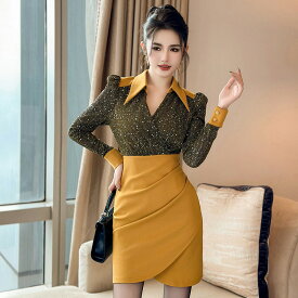 タイトワンピ 全4色 ラメ入り 襟付き ビッグカラー パーティードレス 長袖 ブラックドレス 黒 タイト ワンピース ミニ丈 ミニワンピ きれいめ おしゃれ セクシー 大きいサイズ 謝恩会 お呼ばれ 秋 冬 レディース オケージョン ディナーショー 服装 【jy8301419】