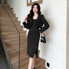 セットアップ 全2色 ショート丈 ボレロ タイトワンピ 2点セット ジャケット 羽織り キャミワンピ パーティードレス 長袖 ブラックドレス 黒 ワンピース 膝丈 大きいサイズ 結婚式 謝恩会 お呼ばれ 卒園式 入学式 入園式【wm4820195】