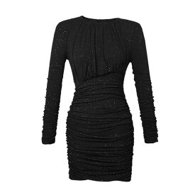 タイトワンピース 全2色 ラメ入り パーティードレス ブラックドレス 黒 シンプル タイト ワンピース 長袖 ミニ丈 ミニワンピ きれいめ ギャザー 華やか おしゃれ ゴージャス セクシー 上品 謝恩会 二次会 発表会 お呼ばれ 食事会 春秋冬 春服 秋服 レディース【230313】