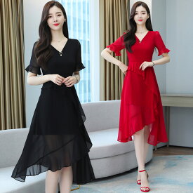 パーティードレス ダンス ワンピース フリルがかわいい アシンメトリーワンピース 全2色 シフォンシースルー ブラックドレス 無地 半袖 ひざ丈 ミディアム丈 春 夏ワンピース ガーリー きれいめ 結婚式 演奏会 披露宴 二次会 成人式 赤 レッド 大きいサイズ【230303】
