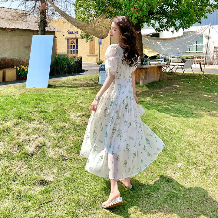 楽天市場】花柄ワンピース パフスリーブ シースルー Aライン フレア  