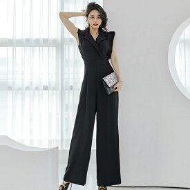 オールインワン パンツドレス ロングパンツ ワイドパンツ サロペット ノースリーブ 襟付き スーツスタイル 黒 パーティードレス きれいめ 華やかおしゃれ 大きいサイズ かっこいい 結婚式 二次会 発表会 お呼ばれ 通勤 夏 【230731】