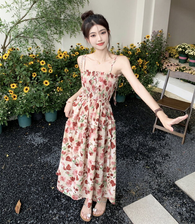 楽天市場】胸元 シャーリング 花柄ワンピース 花柄 Aライン ワンピース 