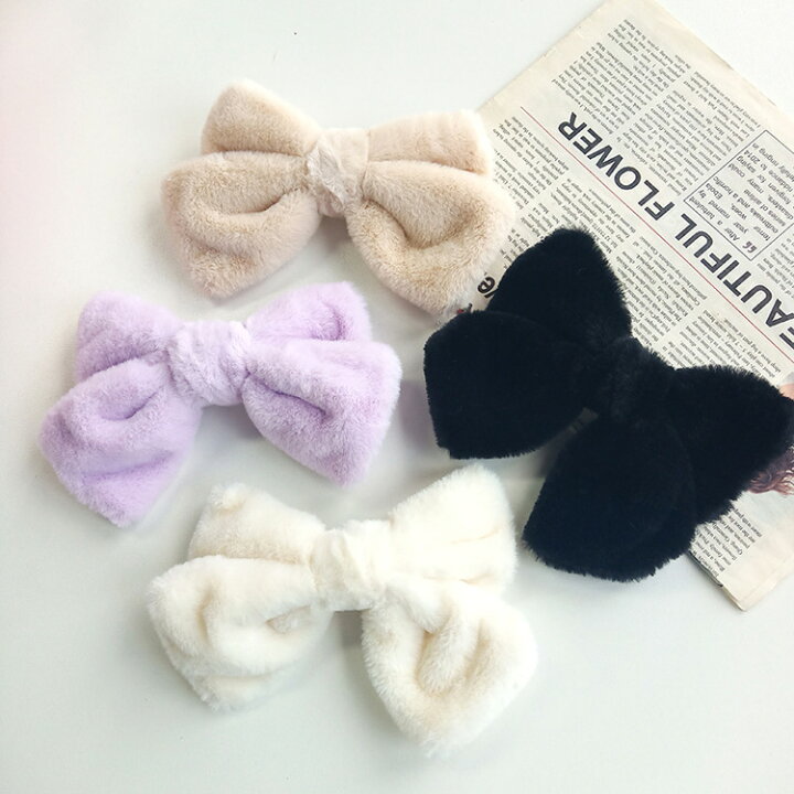 楽天市場】もこもこ リボン バレッタ 全4色 ふわふわ ボア ファー 