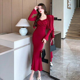 セットアップ 全4色 カーディガン キャミワンピース マーメイド ロング丈 タイトワンピ タイト ワンピース 長袖 無地 黒 赤 ロングワンピ きれいめ スリム 細見え デイリー おしゃれ セクシー エレガント 上品 春 秋 冬【yiy1200179】