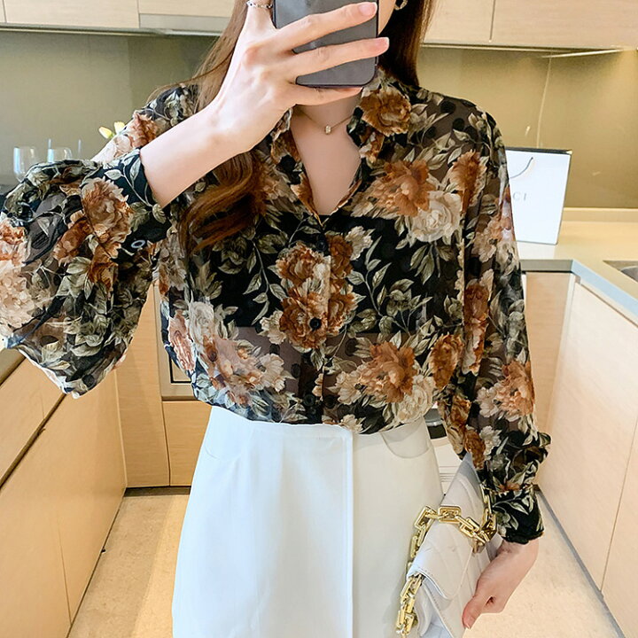 楽天市場】花柄シャツ ドット柄 全2色 シフォン シースルー 花柄 