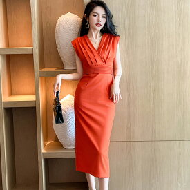 Vネックワンピース パーティードレス 無地 シンプル Vネック パーティードレス タイト ワンピース ノースリーブ ロング丈 ロングワンピ きれいめ セクシー 上品 タイトワンピース 大きいサイズ 結婚式 謝恩会 二次会 お呼ばれドレス オケージョン【jy8301167】