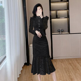 セットアップ 全2色 レーストップス レーススカート 黒 パーティーコーデ 前ボタン 長袖 マーメイドスカート タイト ロング丈 シースルー シア— きれいめ 上品 お呼ばれ 同窓会 二次会 成人式 セレモニー 春 秋 冬