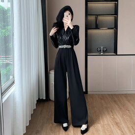 パンツドレス 全2色 オールインワン ベルト付き カシュクール 長袖 ロングパンツ フレアパンツ ワイドパンツ パーティードレス かっこいい オケージョン 結婚式 同窓会 忘年会 お呼ばれドレス 成人式 春 秋 冬【wm4820305】