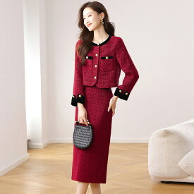 ツイード セットアップ レディース 上下2点セット ジャケット スカート 長袖 ミディアム ロング丈 大人 きれいめ 上品 エレガント ゴールドボタン 通勤 入学式 入園式 同窓会 ママコーデ 謝恩会 お呼ばれ 赤+ブラック バイカラー スカートスーツ レッド