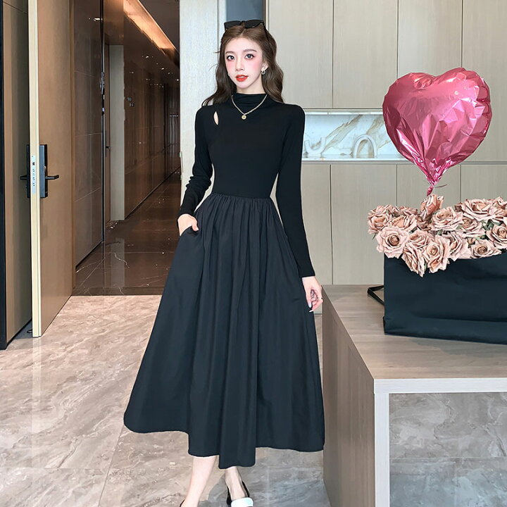 楽天市場】ロングワンピース ハイネック ウエストゴム フレアワンピ 肌 