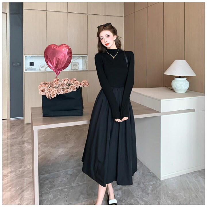 楽天市場】ロングワンピース ハイネック ウエストゴム フレアワンピ 肌  