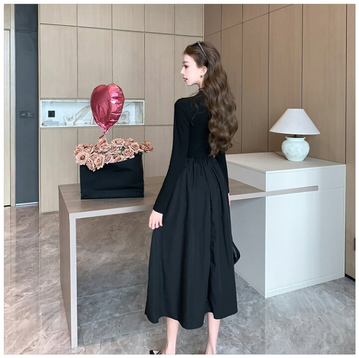楽天市場】ロングワンピース ハイネック ウエストゴム フレアワンピ 肌 