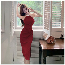 タイトワンピース 全4色 パールネック サイドスリット パーティードレス タイト ワンピース ノースリーブ ミディアム丈 黒 赤 白 膝丈 ひざ きれいめ スリム 細見え きれいめ おしゃれ セクシー 大人 二次会 リゾート 春 夏【jkd1400094】