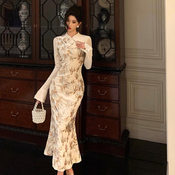 楽天市場】ロングドレス 柄入り ベルスリーブ チャイナドレス チャイナ  
