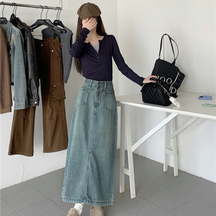 楽天市場】デニムスカート 全2色 Aライン ロングスカート ポケット 