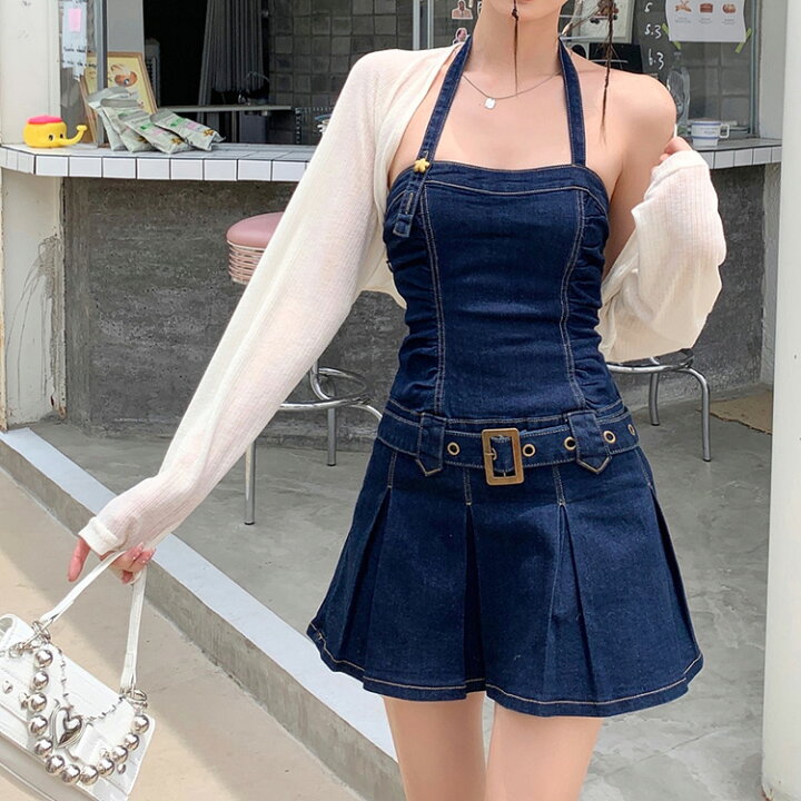 楽天市場】デニムワンピース ホルターネック ノースリーブ プリーツ 